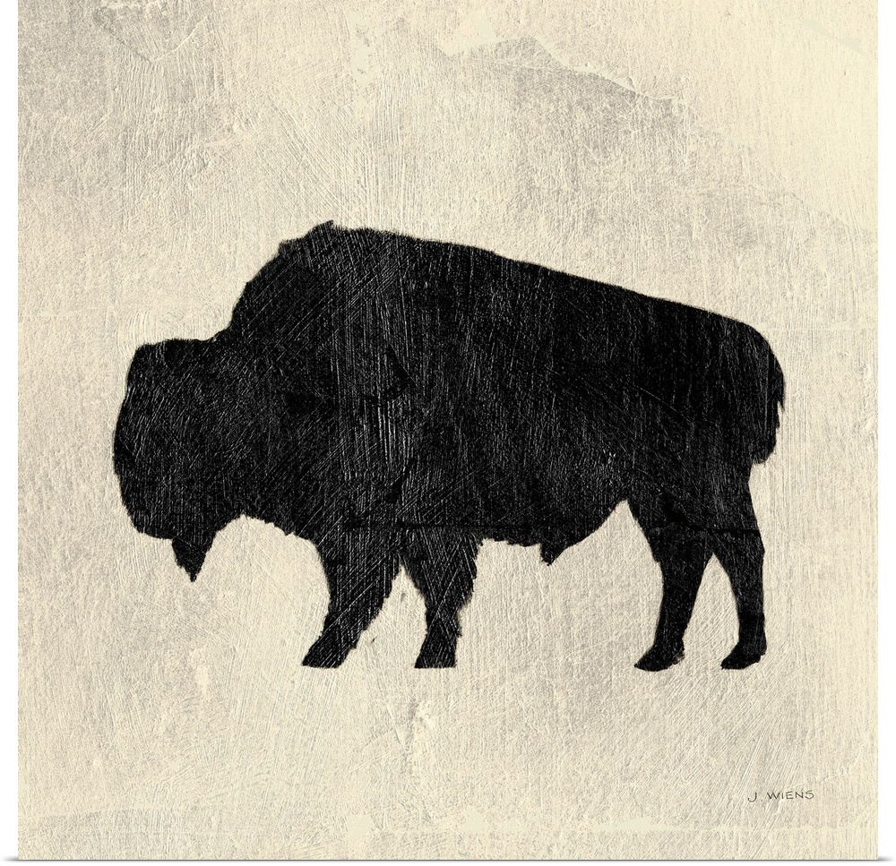 Decorative artwork of a bison silhouette over cream colored background with paint brush textures throughout.