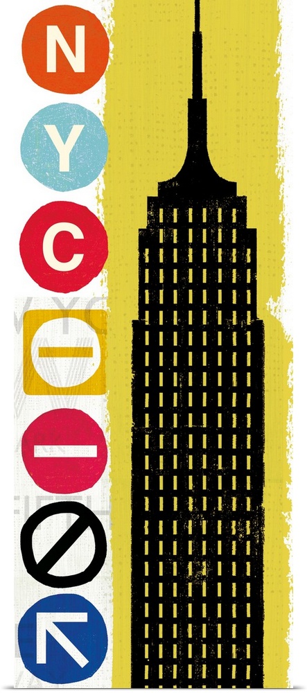 Digital illustration of the Empire State Building with "NYC" on the side made out of subway icons.