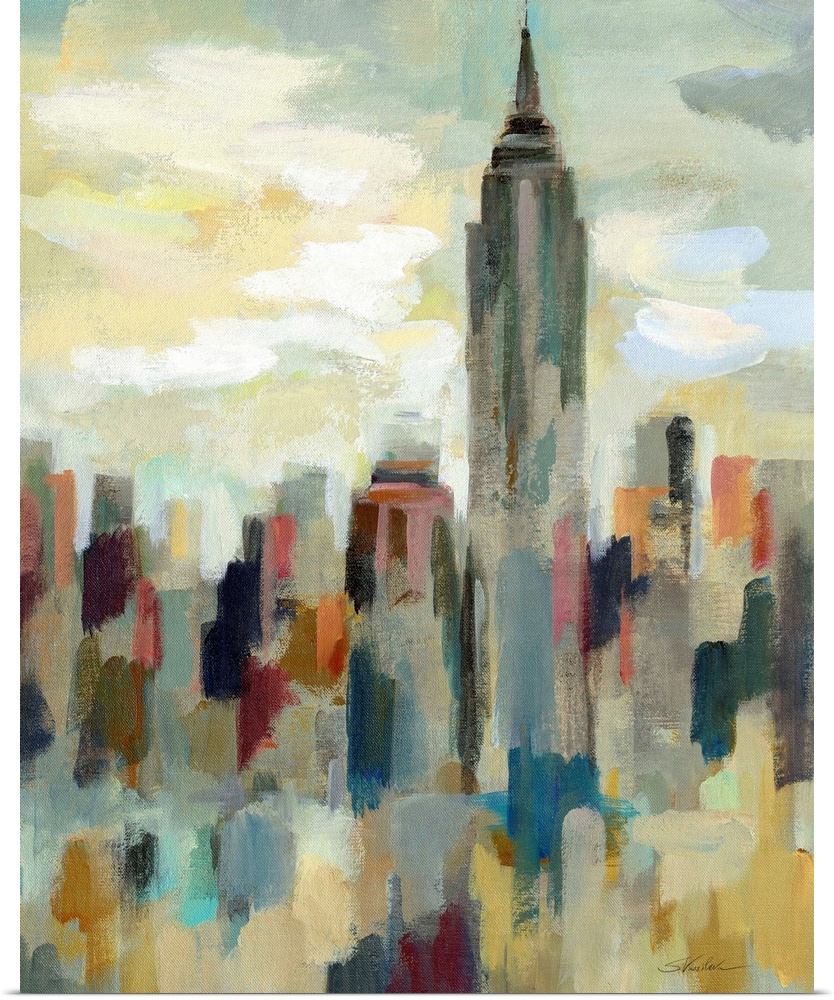 Cityscape painting of New York City painted in an impressionistic style with the Empire State Building on the right.
