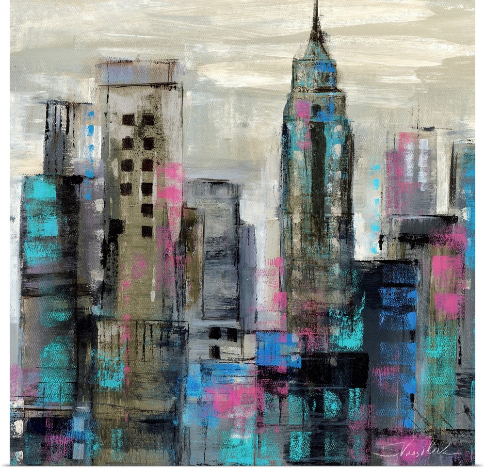 Contemporary painting of a city skyline in dark cool tones.