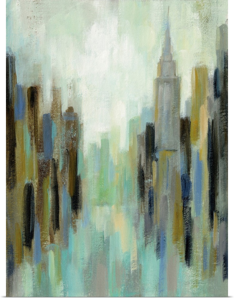 Abstract painting of a New York City cityscape with the Empire State building on the right.
