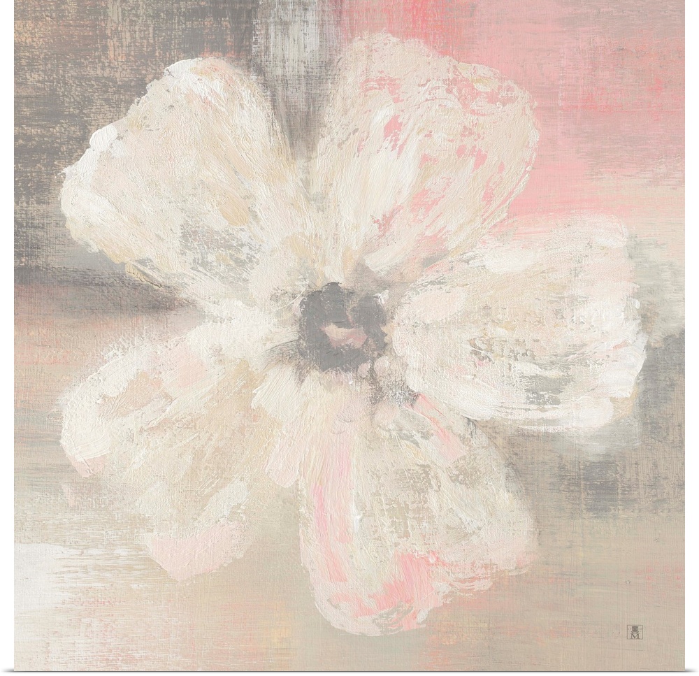 Square decor with a painting of a single white flower on a pastel pink and gray background.