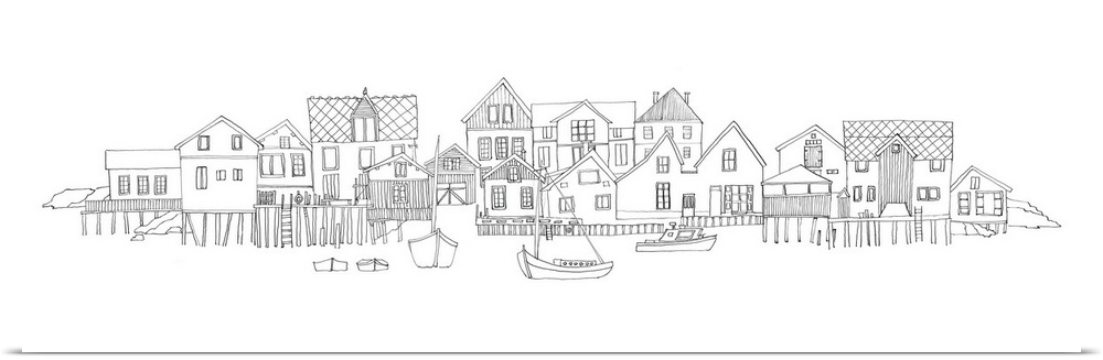 Black and white pen and ink illustration of a village on the water with boats in the foreground.