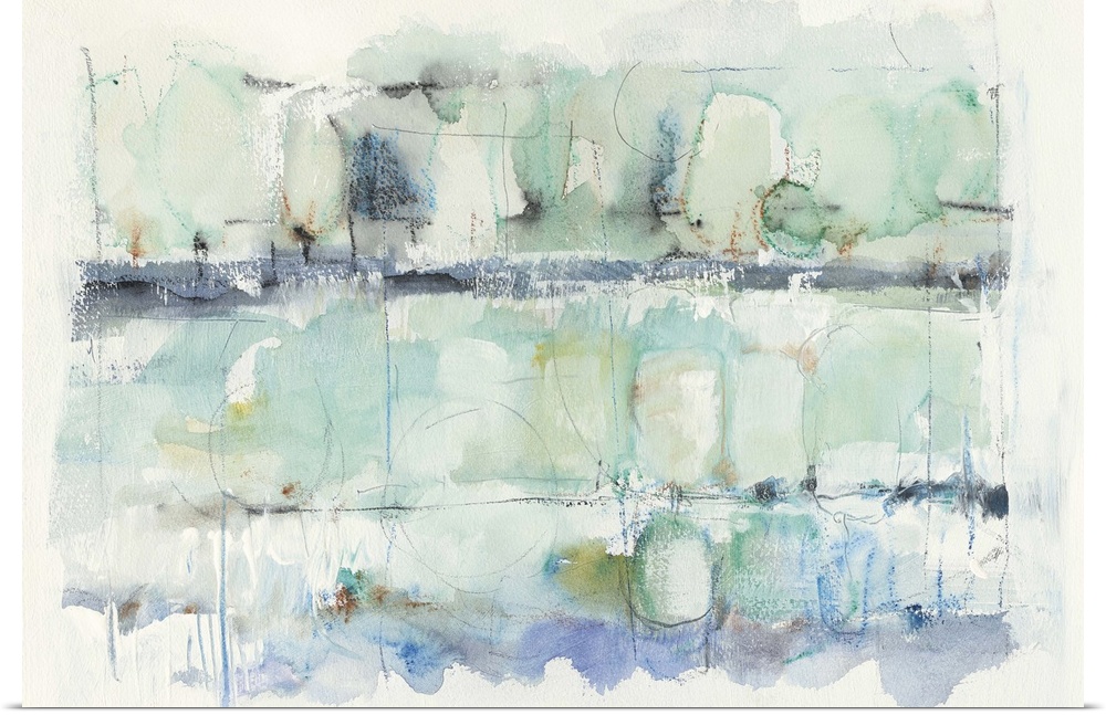 Watercolor abstract painting in pastel blue shades.