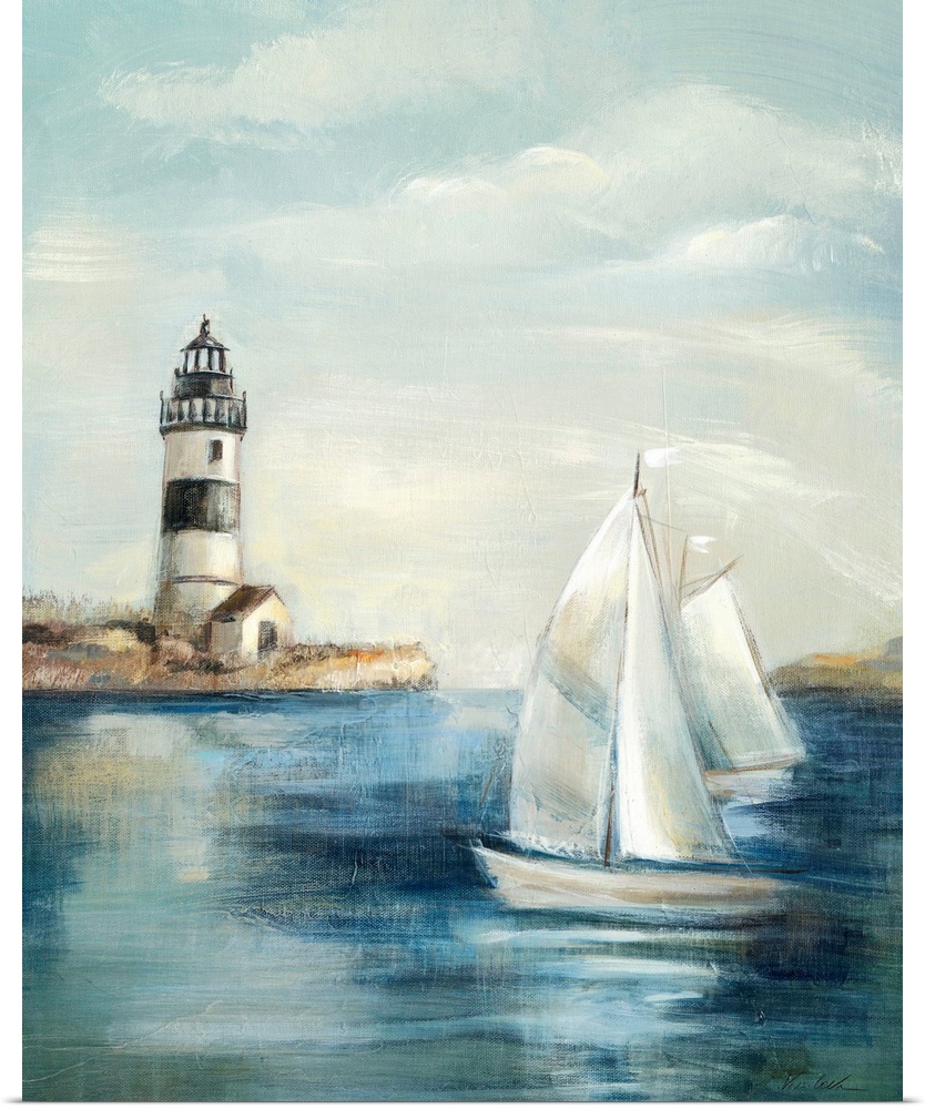 Contemporary painting of an idyllic coastal scene, with a lighthouse in the background and a sailboat in the foreground.