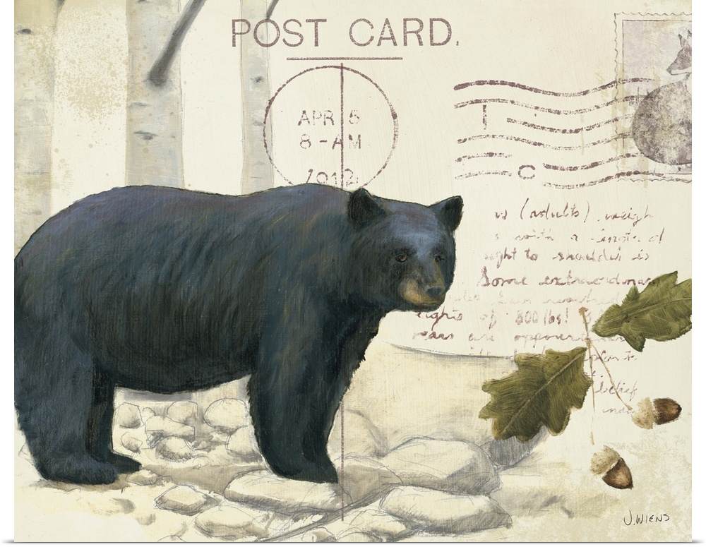 Cabin decor of a bear and tree details on a vintage looking postcard.
