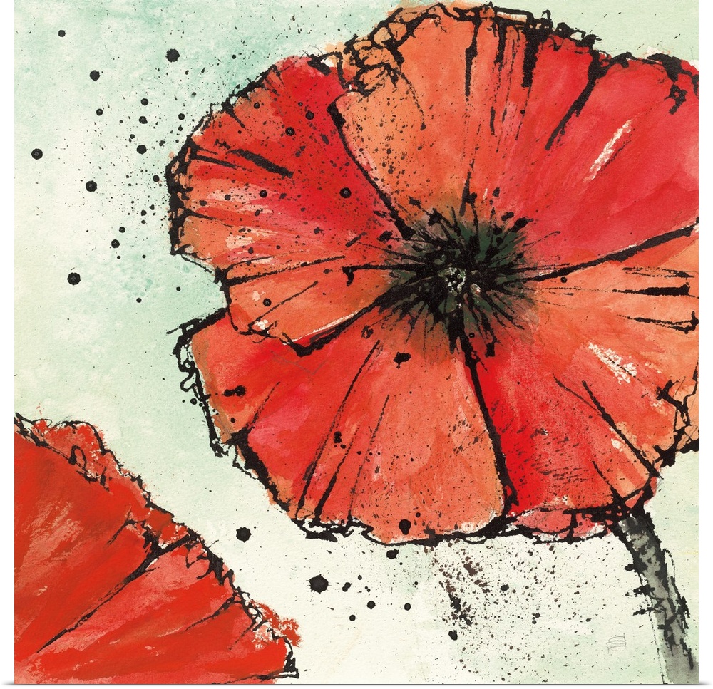 Square watercolor painting of a red poppy flower on a green and white watercolor background with black paint splatter.