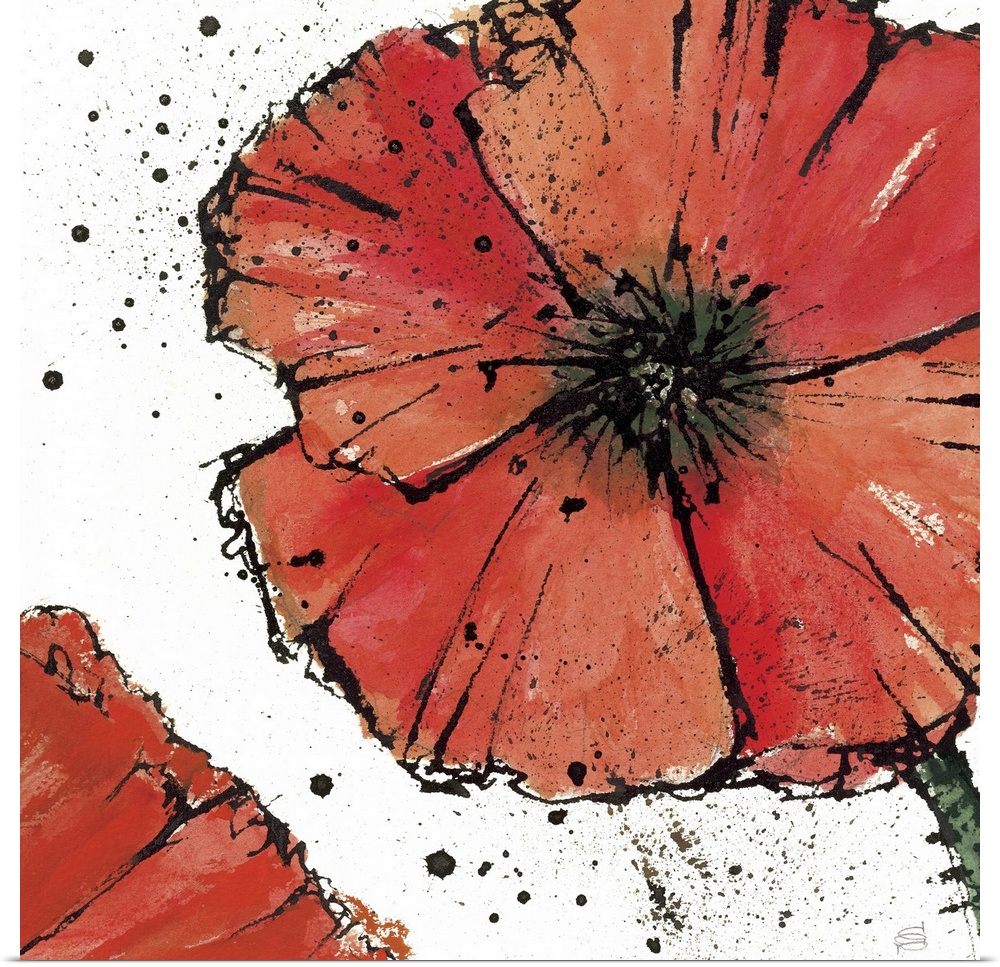 Artwork of a large red flower speckled with black paint from the center and jetting out.