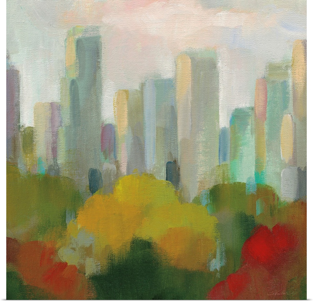 A modern contemporary painting in an impressionism style of Central Park with the New York City Skyline in the background.