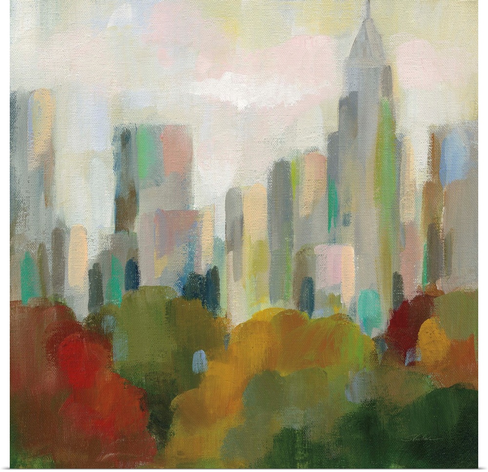 A modern contemporary painting in an impressionism style of Central Park with the New York City Skyline in the background.