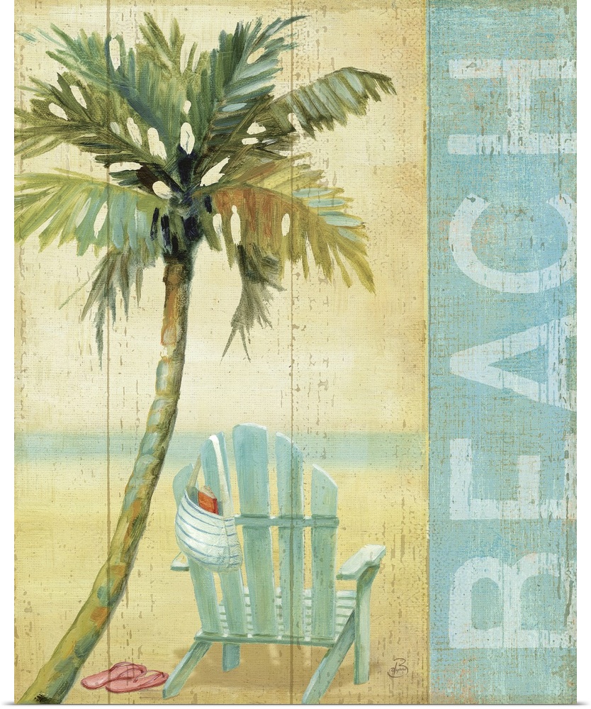 The piece has a wooden panel texture with a single palm tree and beach chair that has a bag hanging off it and sandals sit...