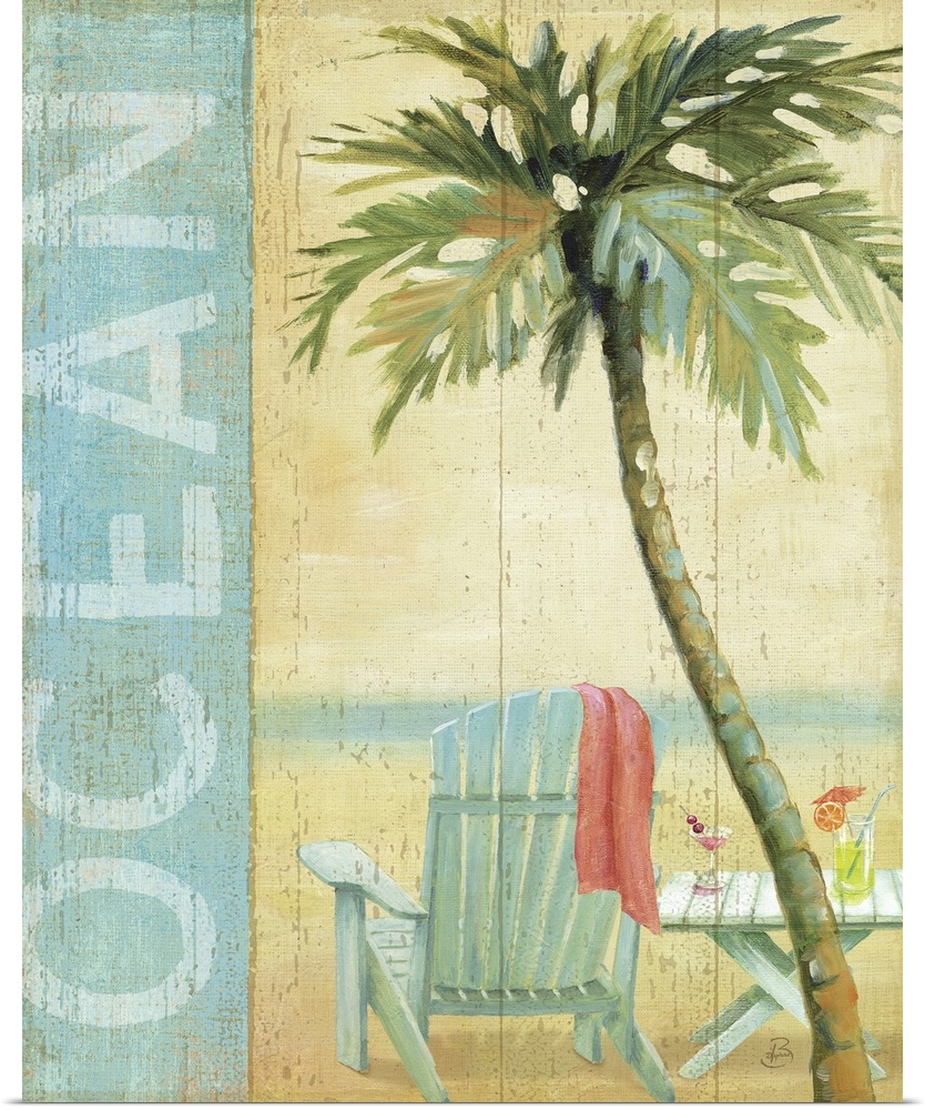 Artwork of beach chair and table on the shoreline with a palm tree in the foreground.  The text "Ocean" is written vertica...