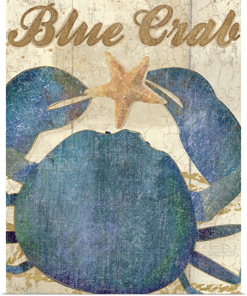 A blue crab holding a starfish with the words "Blue Crab" written in script above it.