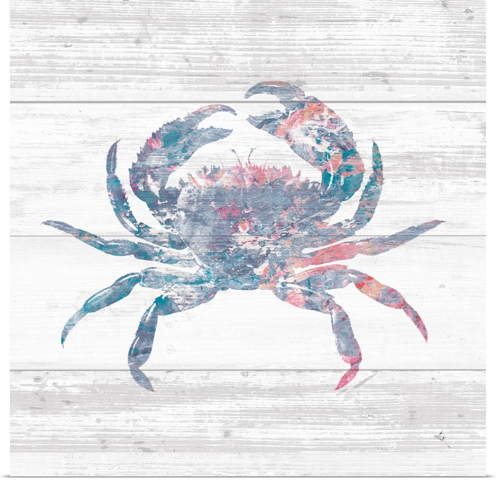 Square beach decor with a silhouette of a blue, pink, red, and white crab on a rustic, white, wooden background.