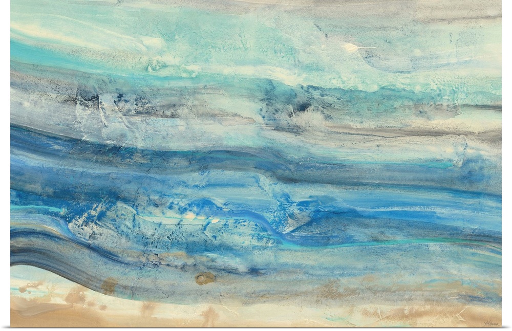 Contemporary painting with flowing long horizontal brushstrokes in different shades of blue representing ocean waves.