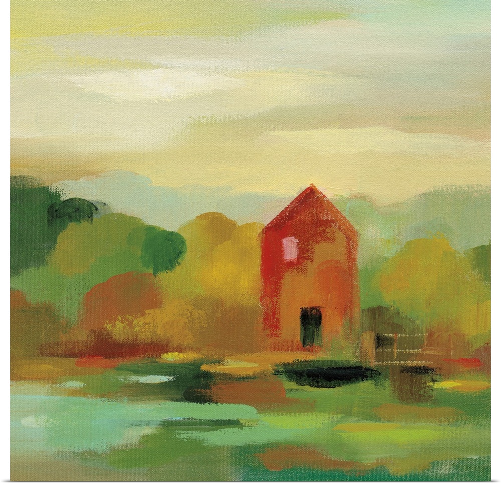 Contemporary landscape painting with a red barn house and Autumn colored trees.