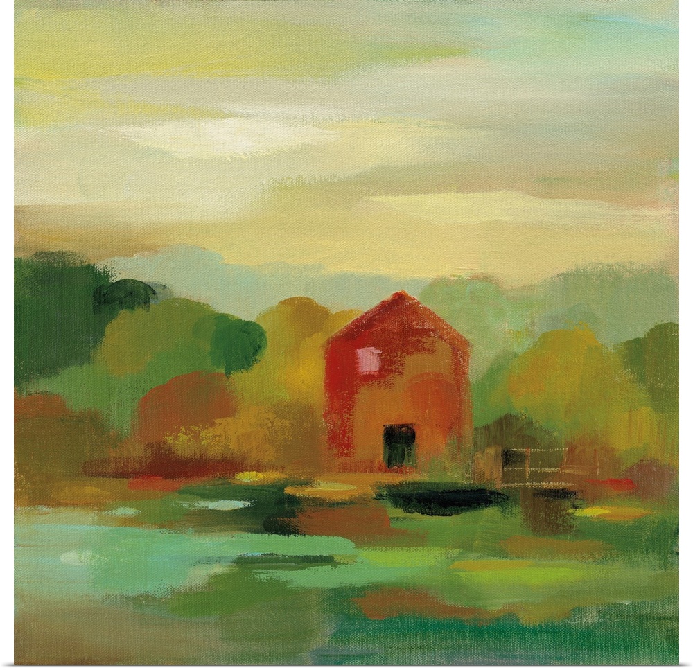 A contemporary painting of a red barn and fence framed by fall trees.