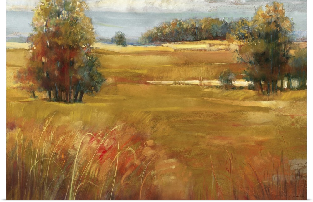 Contemporary landscape painting of a grassy meadow dotted with trees in the late afternoon in the fall.