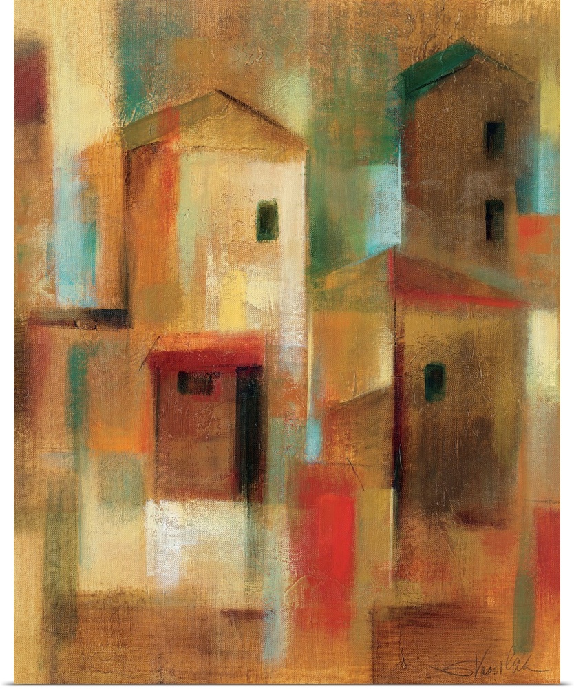 Contemporary abstract painting of houses.  The homes are depicting using simple geometric shapes.