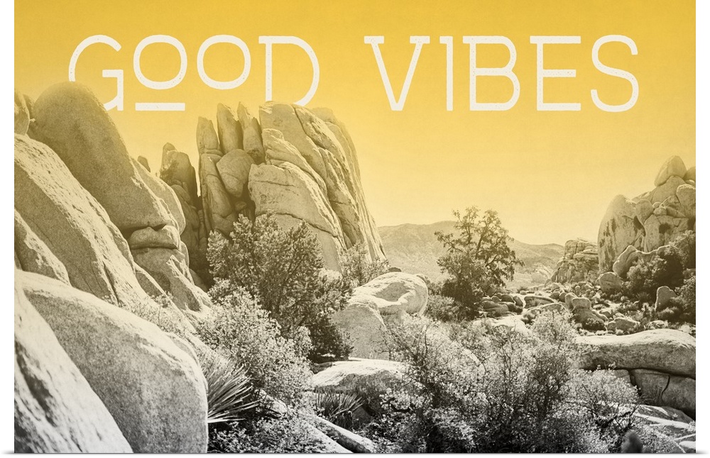 "Good Vibes" on a horizontal rocky landscape image with a yellow overlay.