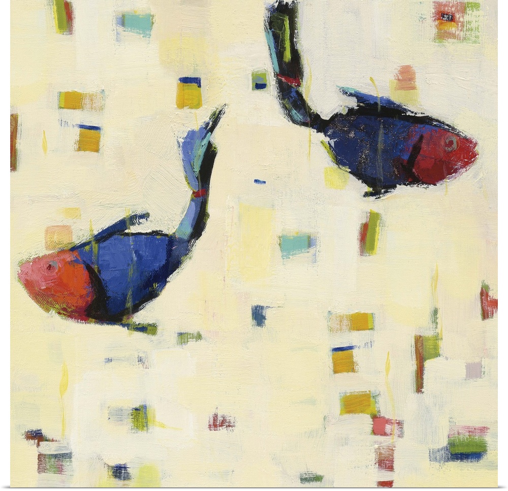 Contemporary abstract painting of two blue and red fish swimming opposite ways with colorful squares spread sperratically ...