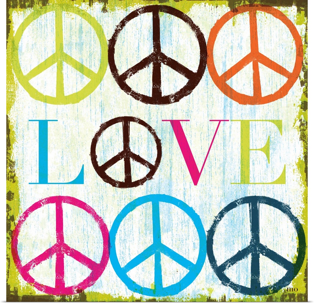 Retro artwork of the word "LOVE" surrounded by colorful peace sign symbols.