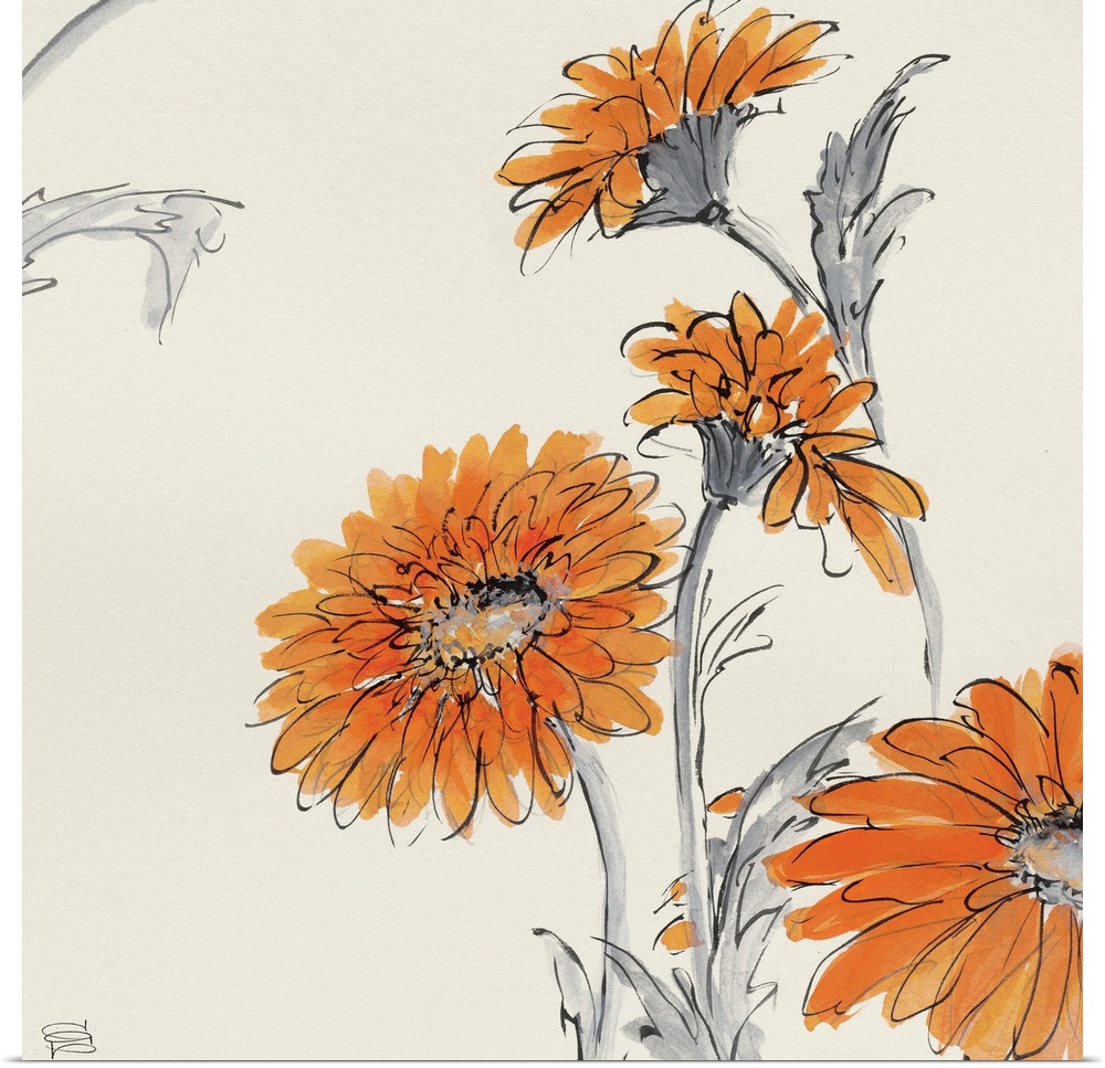 Contemporary painting of flowers against a beige background.