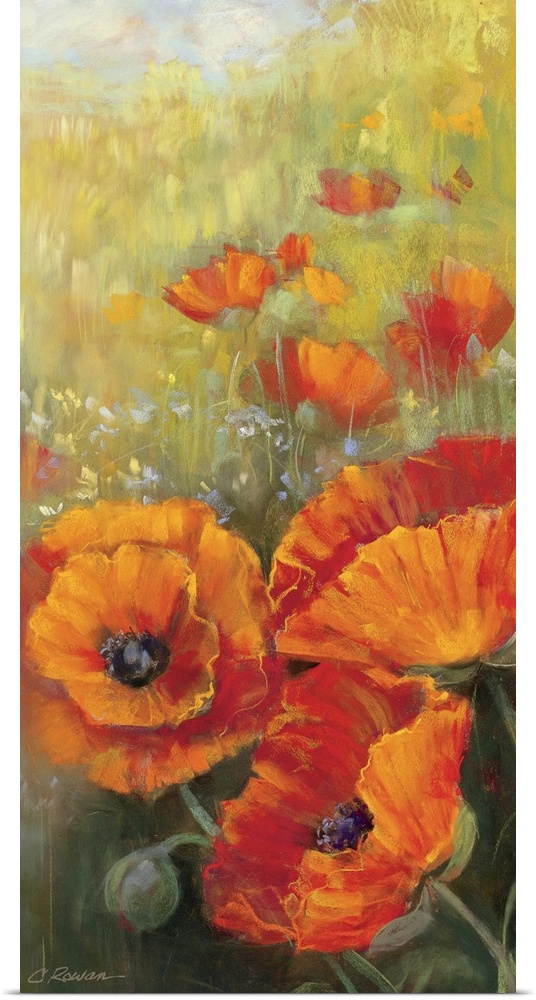This contemporary painting of flower blossoms is on a tall, vertical decorative accent for the home.
