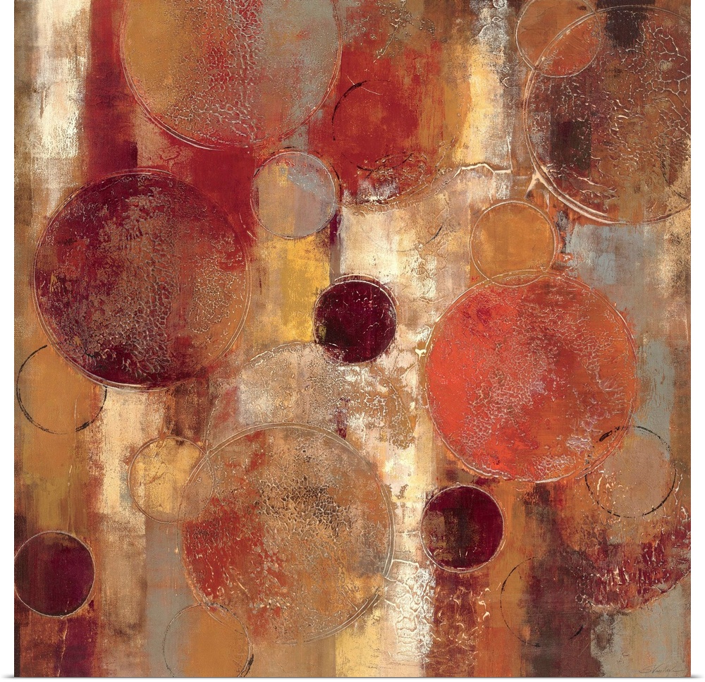 Muted contemporary abstract painting of overlapping circles varying in size.  The background consists of vertical stripes.