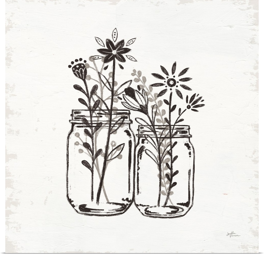 Square illustration of two jars filled with flowers in a pen and ink style with a texture backdrop.