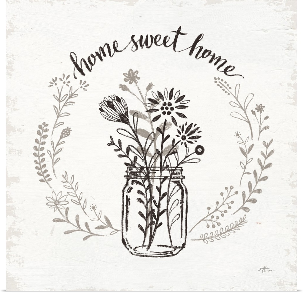 "Home Sweet Home" framed with a wreath and a glass jar filled with flowers in a pen and ink style with a texture backdrop.