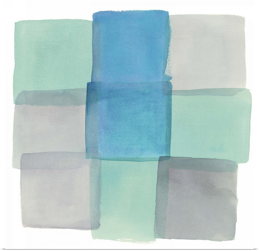 Contemporary watercolor abstract of squares in pale colors against a white background.