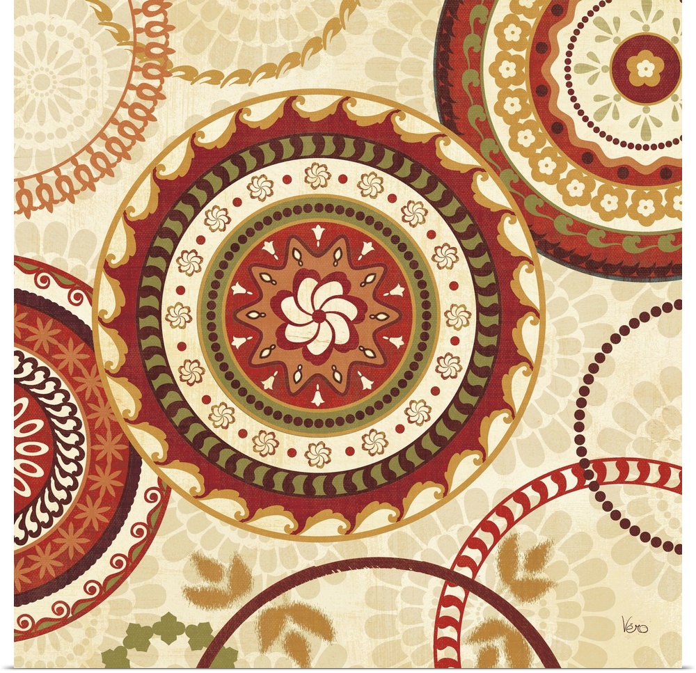 Contemporary artwork of bright ornate circular patterns over a light neutral tone patterned background.