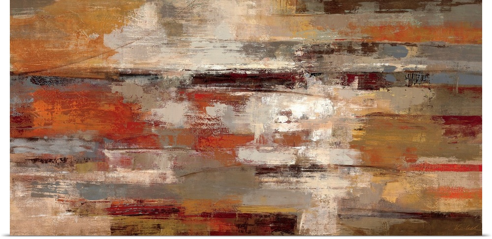 This horizontal abstract painting has a strong sense of motion from left to right and a rusty, earth tone color palette.
