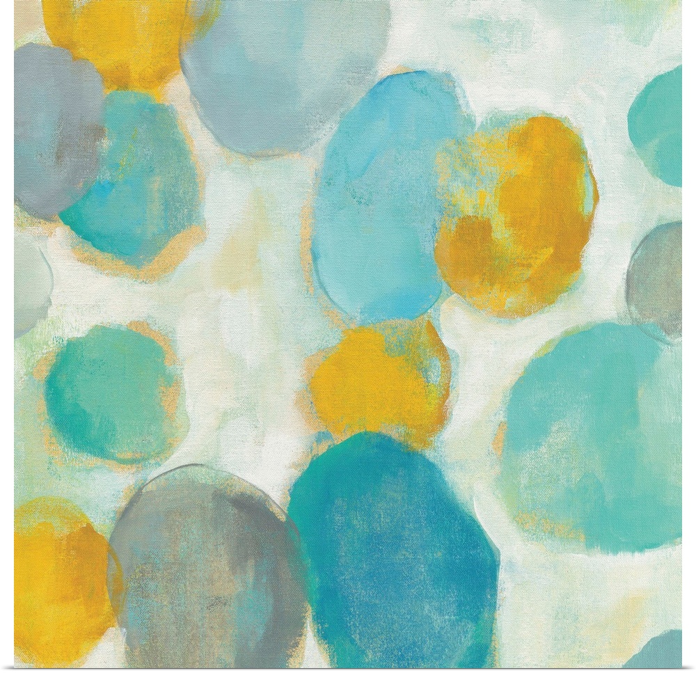 Abstract artwork of bright circle shapes in yellow and teal.