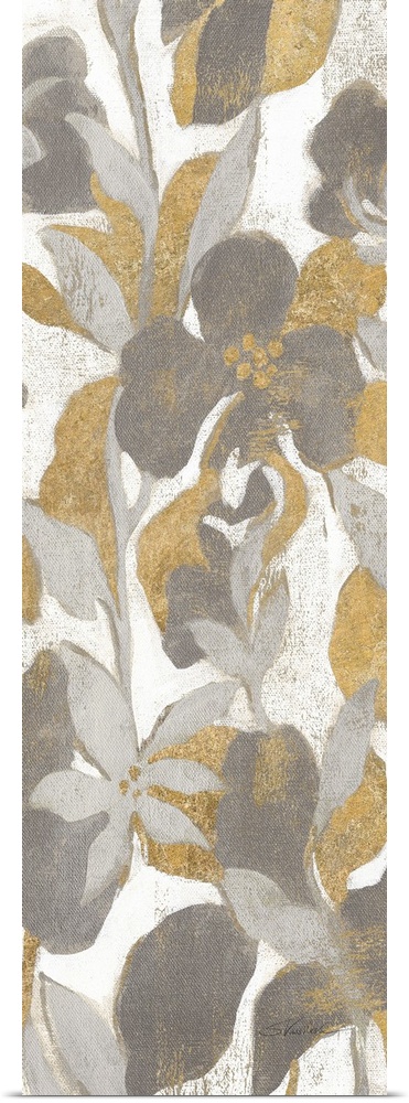 Floral panel painting in gold, silver, gray, and white hues.
