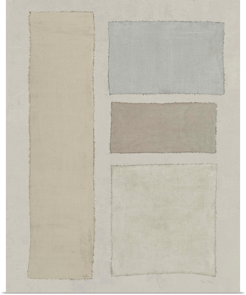 Mixed media art with beige, brown, cream, and gray different sized rectangles placed neatly on a neutral colored background.