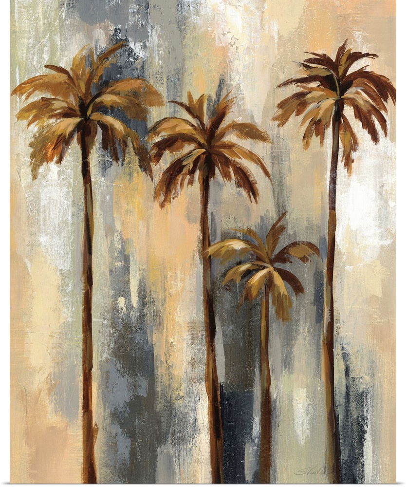 Abstract painting of neutral colored palm trees with a gray, black, yellow, and orange layered background made of long ver...