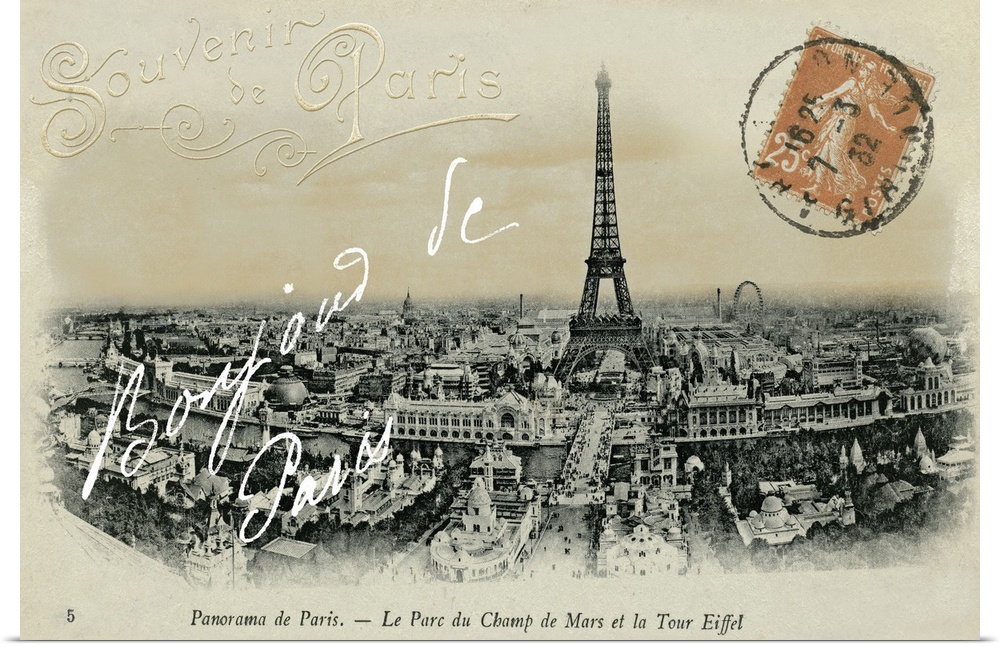 Vintage souvenir postcard from France of the Eiffel Tower and surrounding Paris city.
