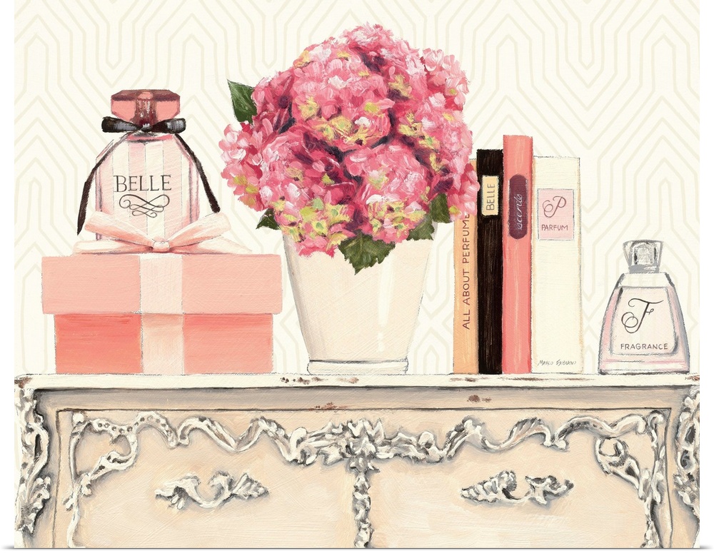 Contemporary still life of pink flowers and perfume bottles sitting on a dresser.