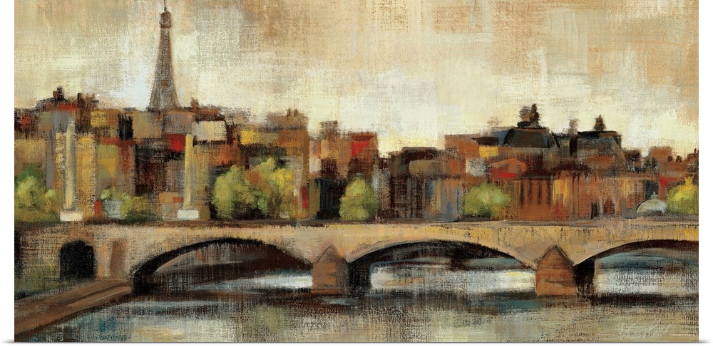 Horizontal wall painting of New Bridge in Paris.  The Eiffel Tower and Paris skyline in the background.
