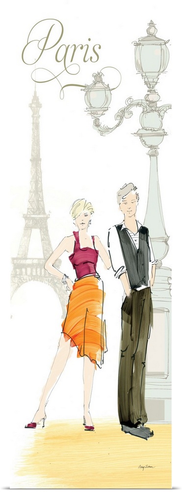 Contemporary artwork of a couple, with the Eiffel Tower and a lamp post in the background.