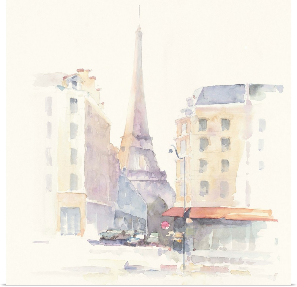 Pastel watercolor painting of the Eiffel Tower seen from a street in Paris.
