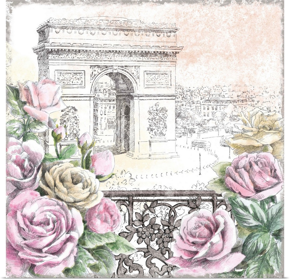 Contemporary home decor artwork of the Arc de Triomphe in a neutral pencil sketch-like style seen from a balcony with colo...