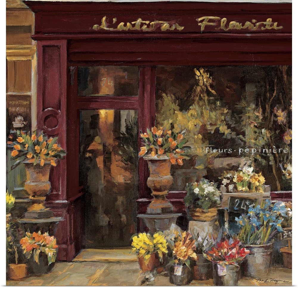 Painting of the storefront of a florist in Paris, France, with samples of bouquets and buckets of flowers on the street.