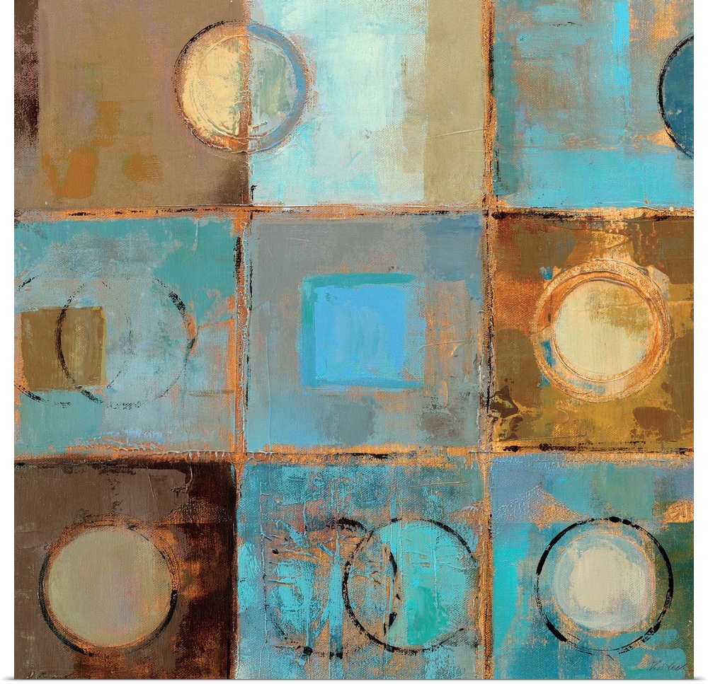 Contemporary painting of squares and circles in cool aqua and earthy tones, separated by light tan lines.