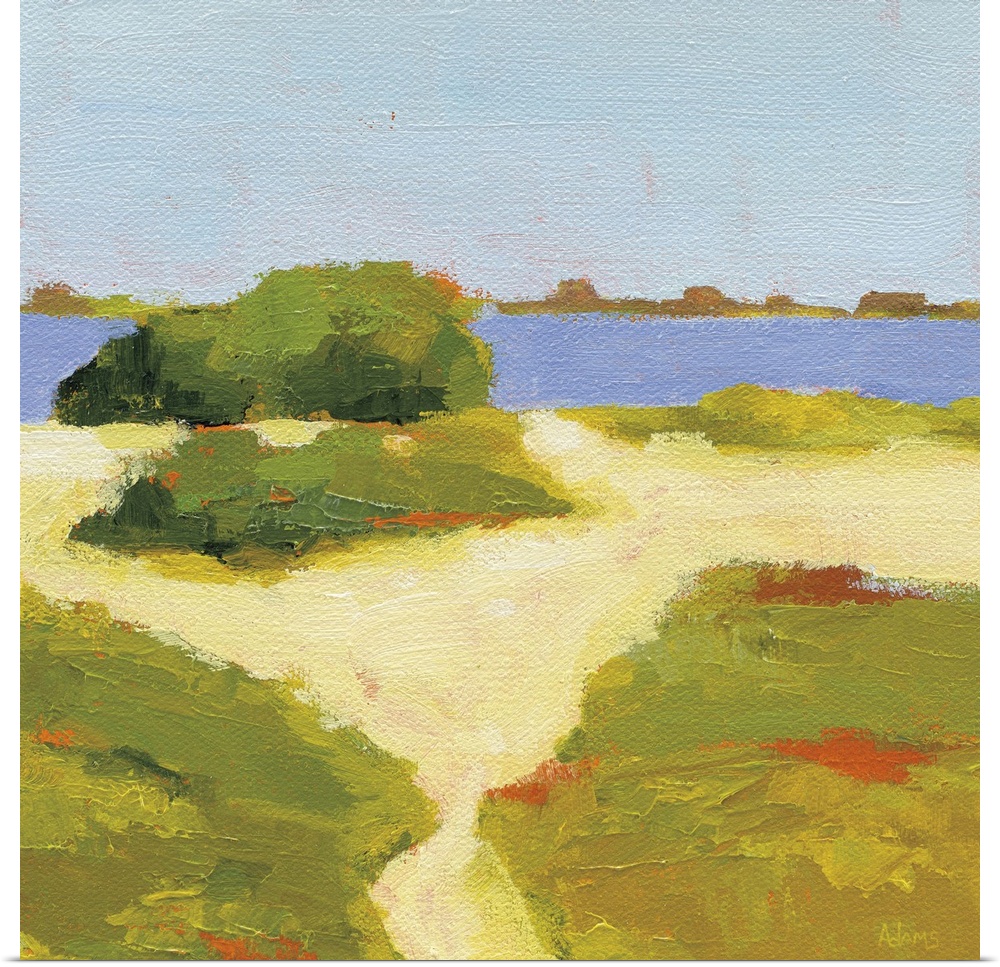Square abstract painting of a yellow sandy path that leads to the beach.