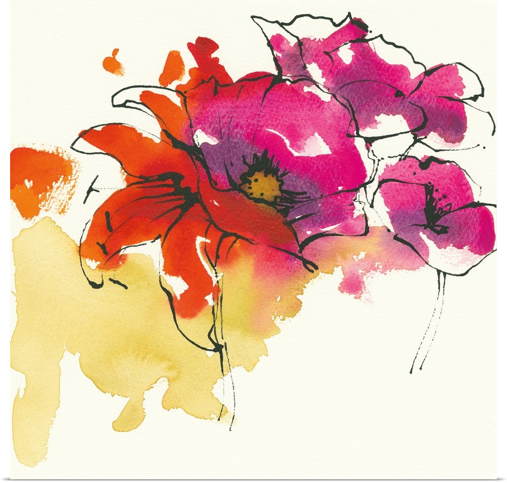 Square pen and ink floral illustration filled in with purple, pink, yellow, and red watercolor.