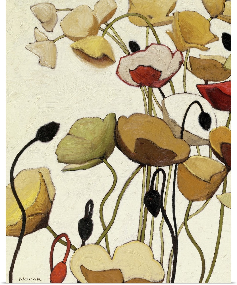 Vertical, big floral painting of poppy flowers with minimal detail, extending upward on long stems, in mainly golden tones...