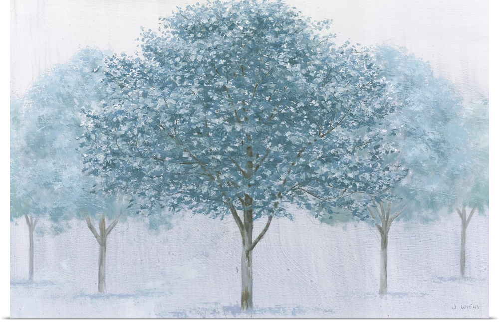 A contemporary painting of a row of trees in blue on a grey backdrop.